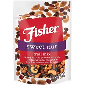 fisher snack sweet nut trail mix, 4 ounces, honey roasted peanuts, raisins, frosted walnuts, cashews, dried sweetened cranberries