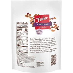 Fisher Snack Sweet Nut Trail Mix, 4 Ounces, Honey Roasted Peanuts, Raisins, Frosted Walnuts, Cashews, Dried Sweetened Cranberries