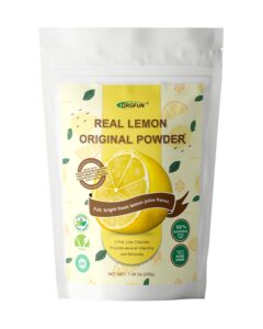 orgfun original lemon powder made with real lemons, freeze dried juice powder, strong fresh lemon flavor great for beverages, smoothies, baking 7.06 oz