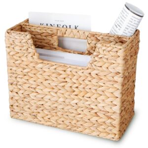 chi an home wicker magazine basket, water hyacinth basket for files, rattan newspaper rack skinny wicker basket for books & files, divided hyacinth basket with handle (medium)