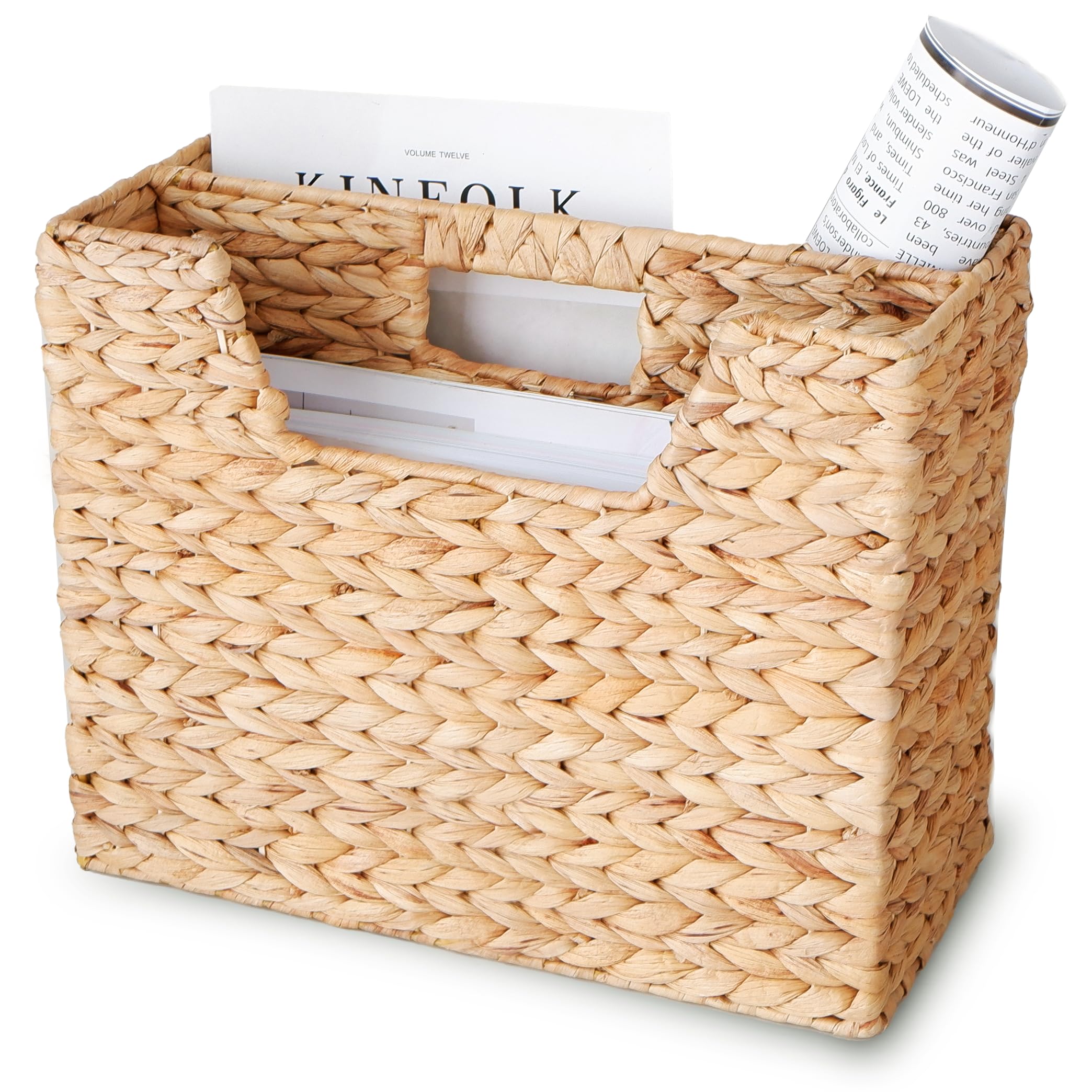 Chi An Home Wicker Magazine Basket, Water Hyacinth Basket for Files, Rattan Newspaper Rack Skinny Wicker Basket for Books & Files, Divided Hyacinth Basket With Handle (Medium)