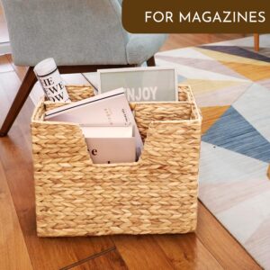 Chi An Home Wicker Magazine Basket, Water Hyacinth Basket for Files, Rattan Newspaper Rack Skinny Wicker Basket for Books & Files, Divided Hyacinth Basket With Handle (Medium)