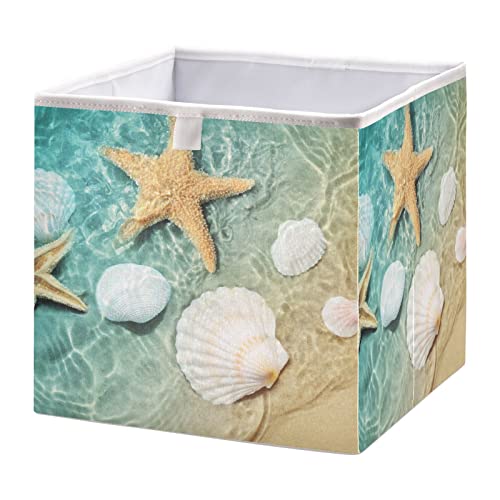 Sletend Cube Storage Bins Ocean Beach Starfish Seashell Collapsible Storage Baskets Foldable Fabric Storage Box for Clothes, Toys 11" x 11" x 11"