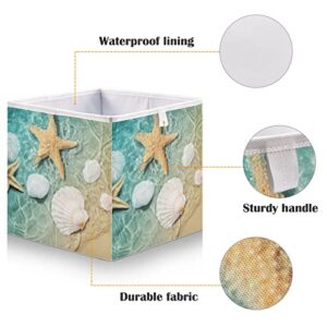 Sletend Cube Storage Bins Ocean Beach Starfish Seashell Collapsible Storage Baskets Foldable Fabric Storage Box for Clothes, Toys 11" x 11" x 11"