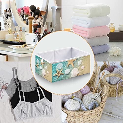 Sletend Cube Storage Bins Ocean Beach Starfish Seashell Collapsible Storage Baskets Foldable Fabric Storage Box for Clothes, Toys 11" x 11" x 11"