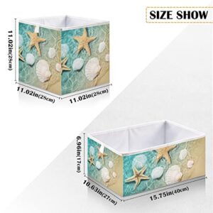 Sletend Cube Storage Bins Ocean Beach Starfish Seashell Collapsible Storage Baskets Foldable Fabric Storage Box for Clothes, Toys 11" x 11" x 11"