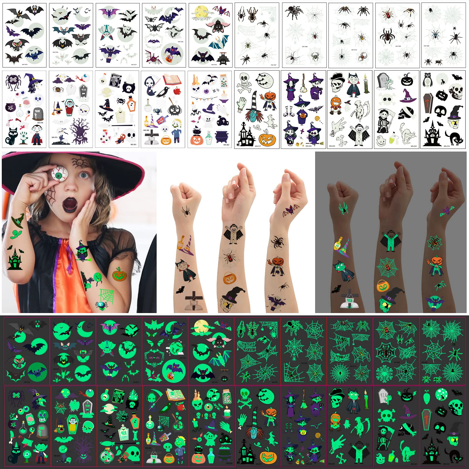 Halloween Temporary Tattoo for Kids 190+Pcs, Glow In The Dark Waterproof Spider Bat Witch Pumpkin Ghost Skull Fake Tattoos - 20 Sheets (Pattern A)