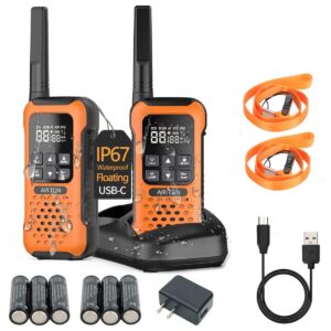 2pack walkie talkies for adults waterproof long range frs float walkie talkies,ip67 two-way radio with usb-c charging cable noaa,flashlight sos and headsets for skiing kayaking camping (orange)