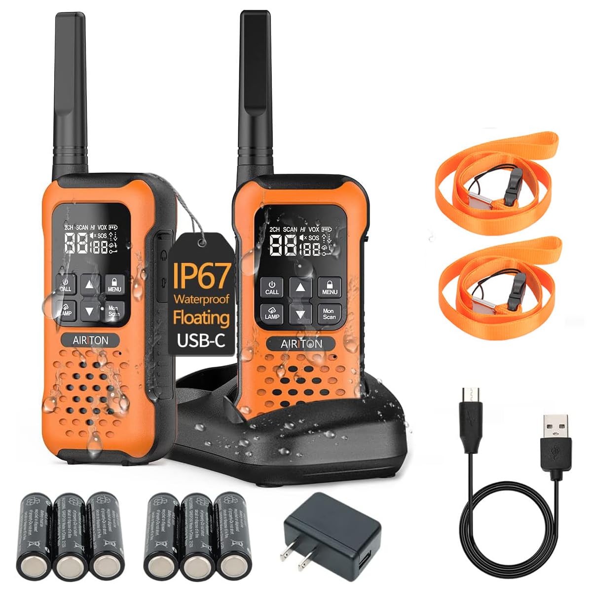 2Pack Walkie Talkies for Adults Waterproof Long Range FRS Float Walkie Talkies,IP67 Two-Way Radio with USB-C Charging Cable NOAA,Flashlight SOS and Headsets for Skiing Kayaking Camping (Orange)