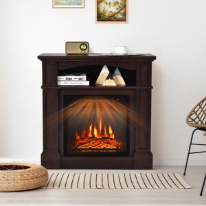 ldaily 32" electric fireplace with mantel, freestanding wooden surround with 1400 w fireplace insert, 3d realistic flame, remote control, overheating safety system, fireplace for home rv, brown