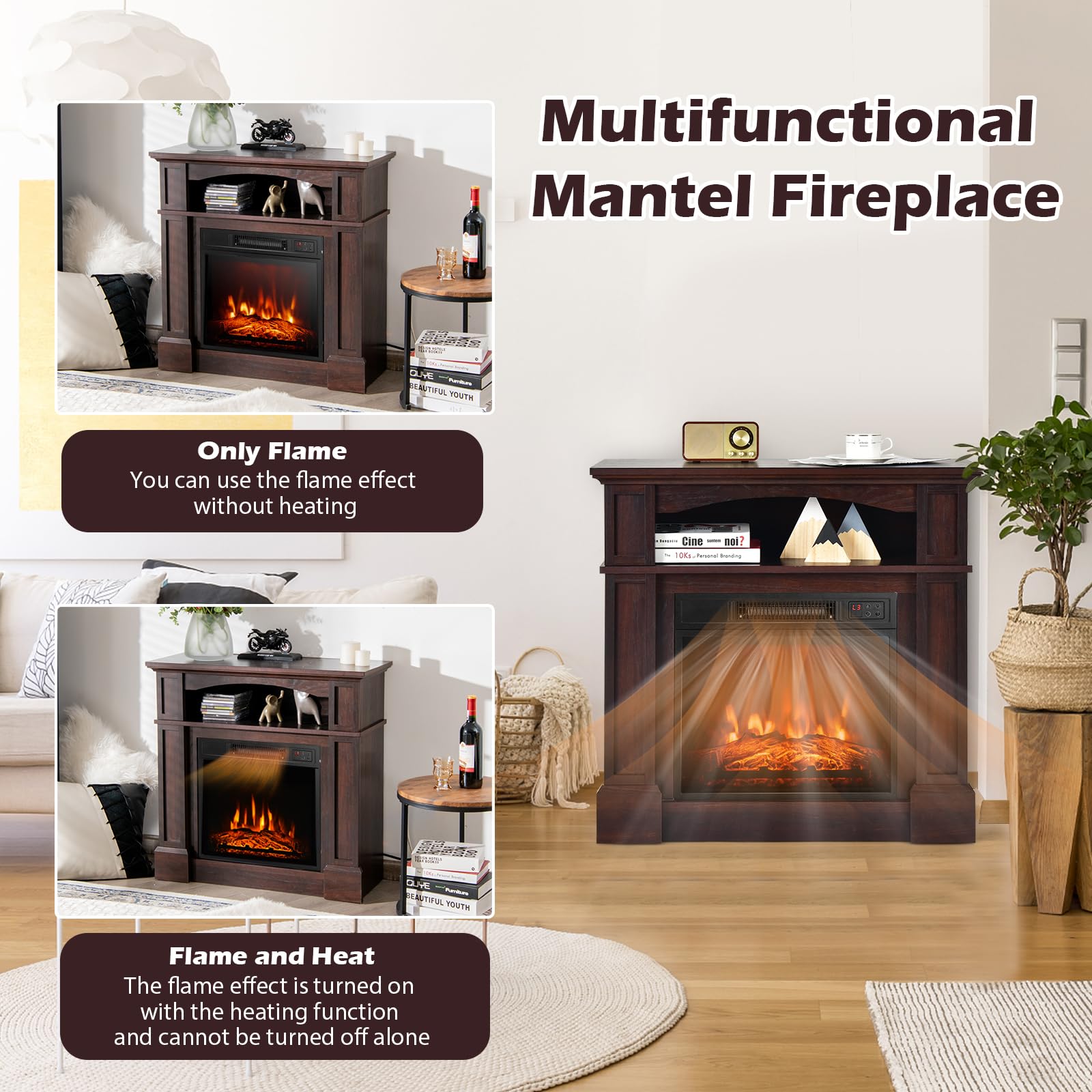 LDAILY 32" Electric Fireplace with Mantel, Freestanding Wooden Surround with 1400 W Fireplace Insert, 3D Realistic Flame, Remote Control, Overheating Safety System, Fireplace for Home RV, Brown