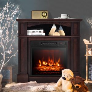 LDAILY 32" Electric Fireplace with Mantel, Freestanding Wooden Surround with 1400 W Fireplace Insert, 3D Realistic Flame, Remote Control, Overheating Safety System, Fireplace for Home RV, Brown