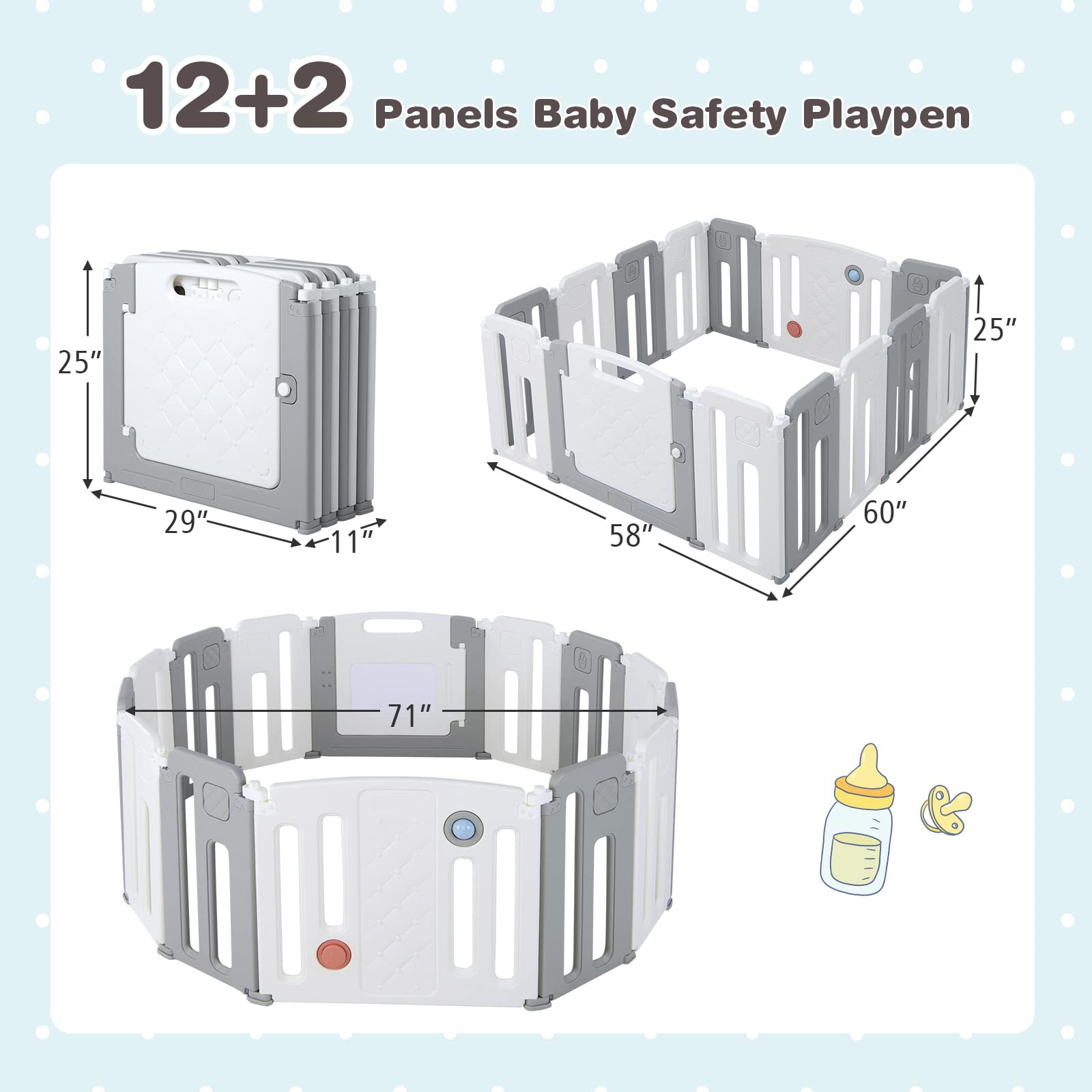 Costzon Baby Playpen, 14-Panel Extra Large Playpen for Babies and Toddlers, Foldable Activity Play Center with Safety Gate, Whiteboard, Indoor and Outdoor Baby Fence NO Gaps for Boys Girls