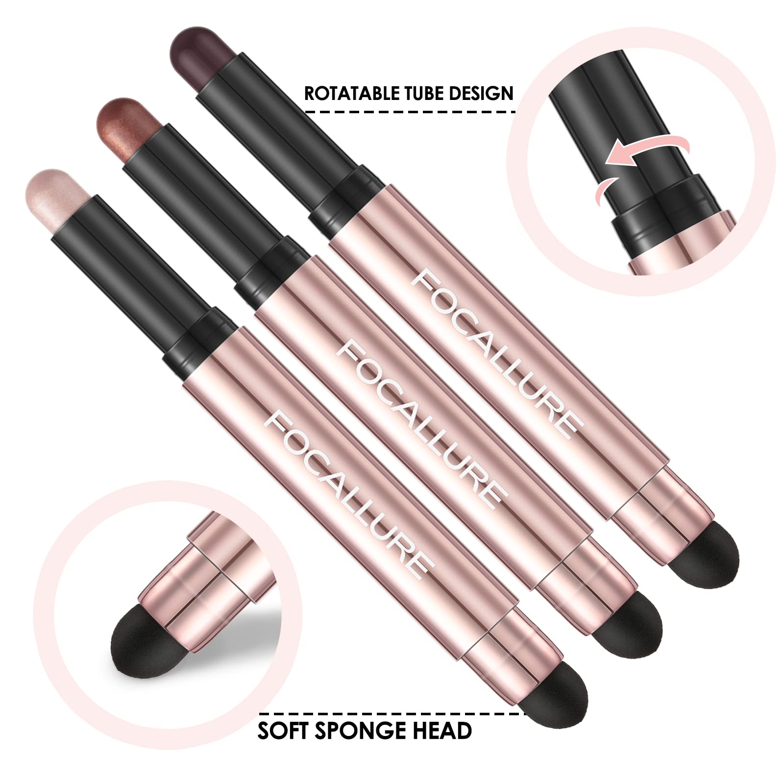 FOCALLURE 3 Pcs No Crease Eyeshadow Sticks,Shimmer & Matte Eye Shadow Crayon with Blending Brush,Smooth Cream Highlighter Pen,Long Lasting Eyeshadow Brightener Stick Makeup,Mania