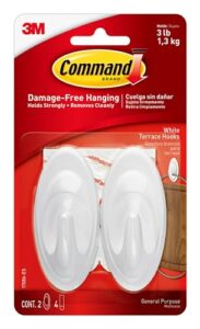 command white terrace hooks, 2 hooks with 4 command strips, holds up to 3 lb, damage free hanging wall hooks with adhesive strips, no tools wall hooks for hanging decorations in living spaces