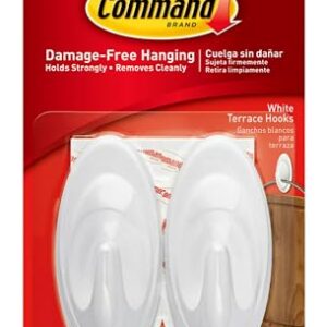Command White Terrace Hooks, 2 Hooks with 4 Command strips, Holds up to 3 lb, Damage Free Hanging Wall Hooks with Adhesive Strips, No Tools Wall Hooks for Hanging Decorations in Living Spaces