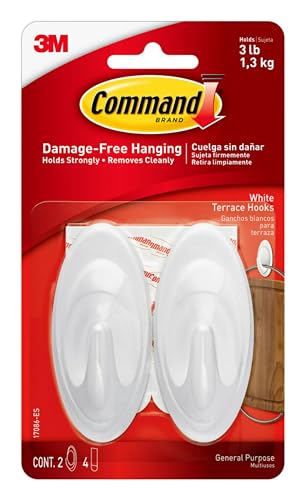 Command White Terrace Hooks, 2 Hooks with 4 Command strips, Holds up to 3 lb, Damage Free Hanging Wall Hooks with Adhesive Strips, No Tools Wall Hooks for Hanging Decorations in Living Spaces