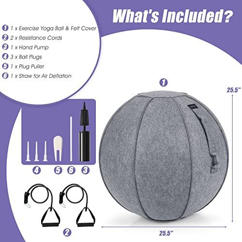 Goplus Yoga Ball Chair, 25.5 Inch Exercise Ball with Cover & Resistance Bands & Handles & Pump for Pilates Stability Balance Training, Ergonomic Posture Ball Sitting Chairs for Office Home(Grey)