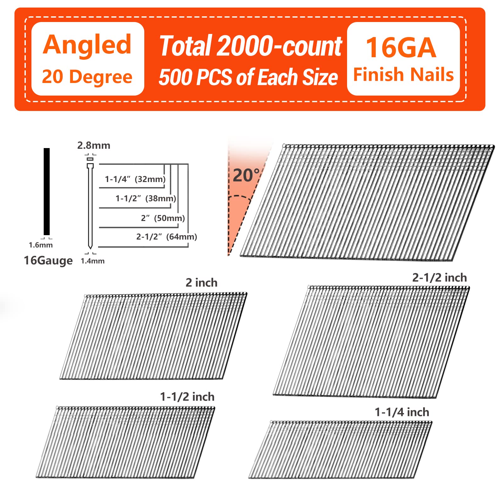 SITLDY 16 Gauge Angled Finish Nails, 20-Degree, 2000-Pack (2-1/2", 2", 1-1/2", 1-1/4" 500 Per Sizes), Galvanized Assorted Size Project Pack, for Pneumatic, Electric Angled Finish Nailer (2000)