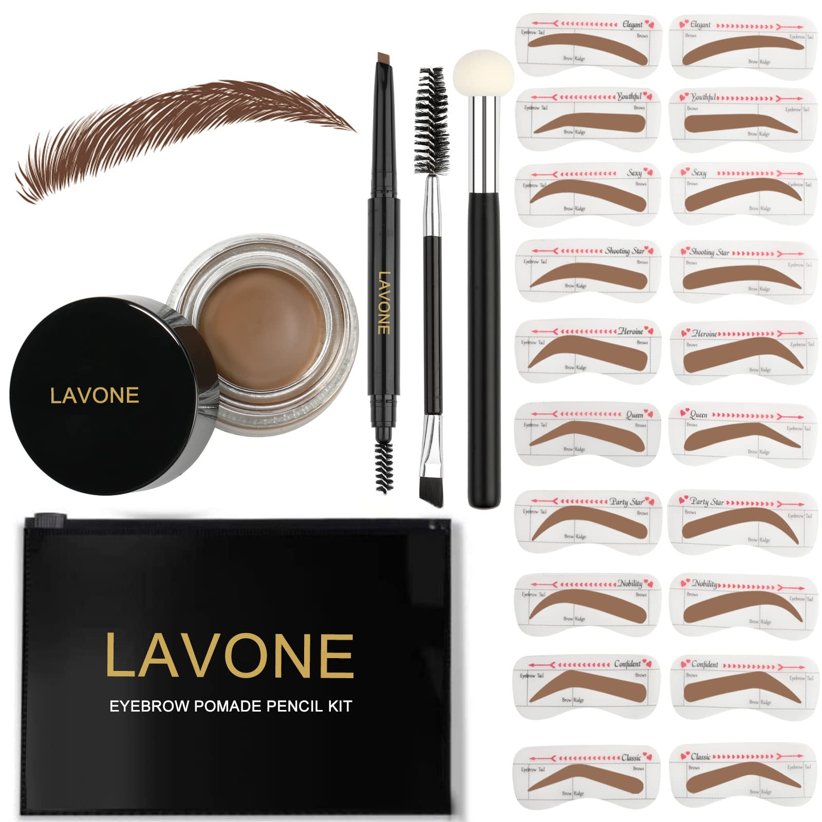 LAVONE Eyebrow Stamp Stencil Kit, Brow Stamp Trio Kit with Waterproof Eyebrow Pencil, Pomade, 20 Eyebrow Stencils, Dual-ended Eyebrow Brush and Sponge Applicator - Soft Brown