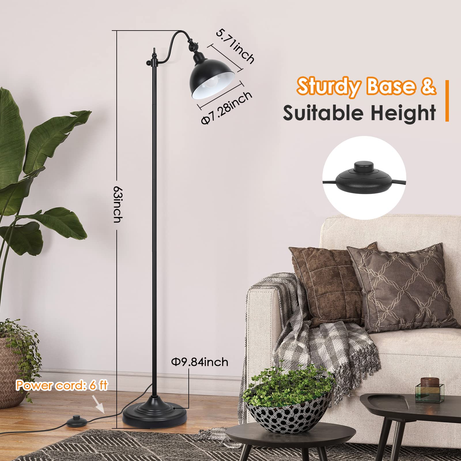 Mlambert Industrial Floor Lamp,63” LED Standing Lamp Modern with 11W A19 LED Bulb,Adjustable Head,Foot Switch,Metal Lamp for Livingroom,Stand Light