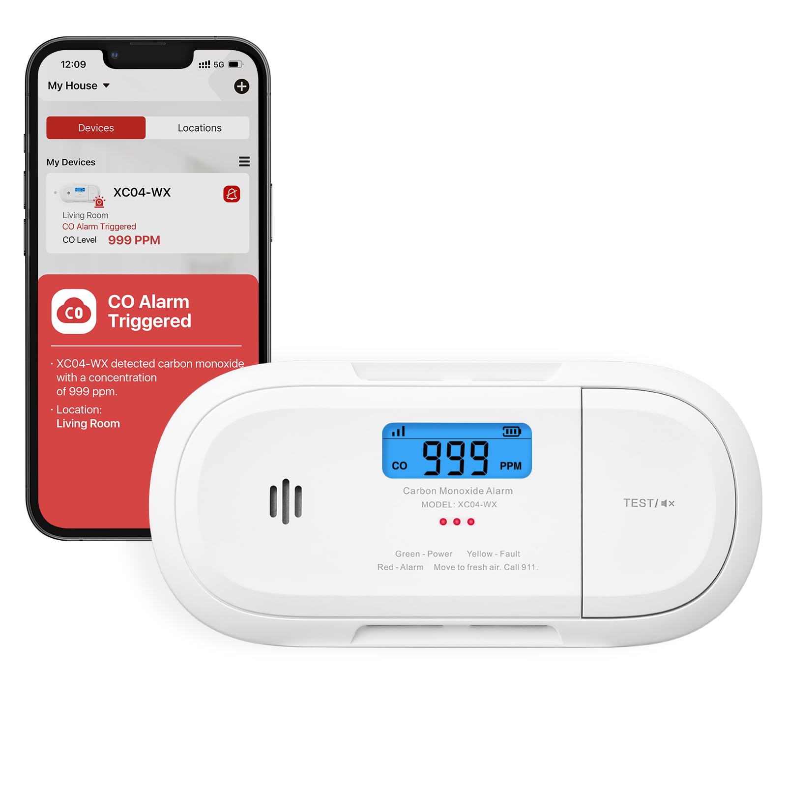 X-Sense Smart Carbon Monoxide Detector, Wi-Fi CO Detector, Real-Time Push Notifications via X-Sense Home Security App, Replaceable Battery, Optional 24/7 Professional Monitoring Service, XC04-WX