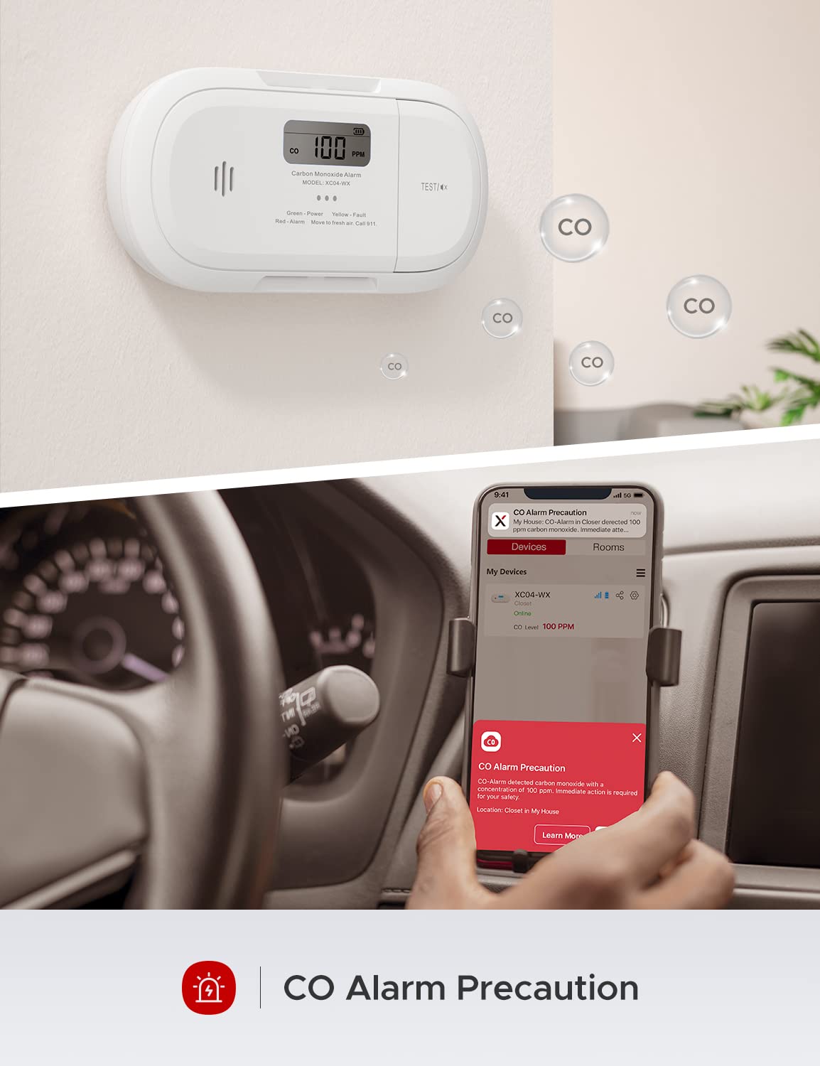 X-Sense Smart Carbon Monoxide Detector, Wi-Fi CO Detector, Real-Time Push Notifications via X-Sense Home Security App, Replaceable Battery, Optional 24/7 Professional Monitoring Service, XC04-WX