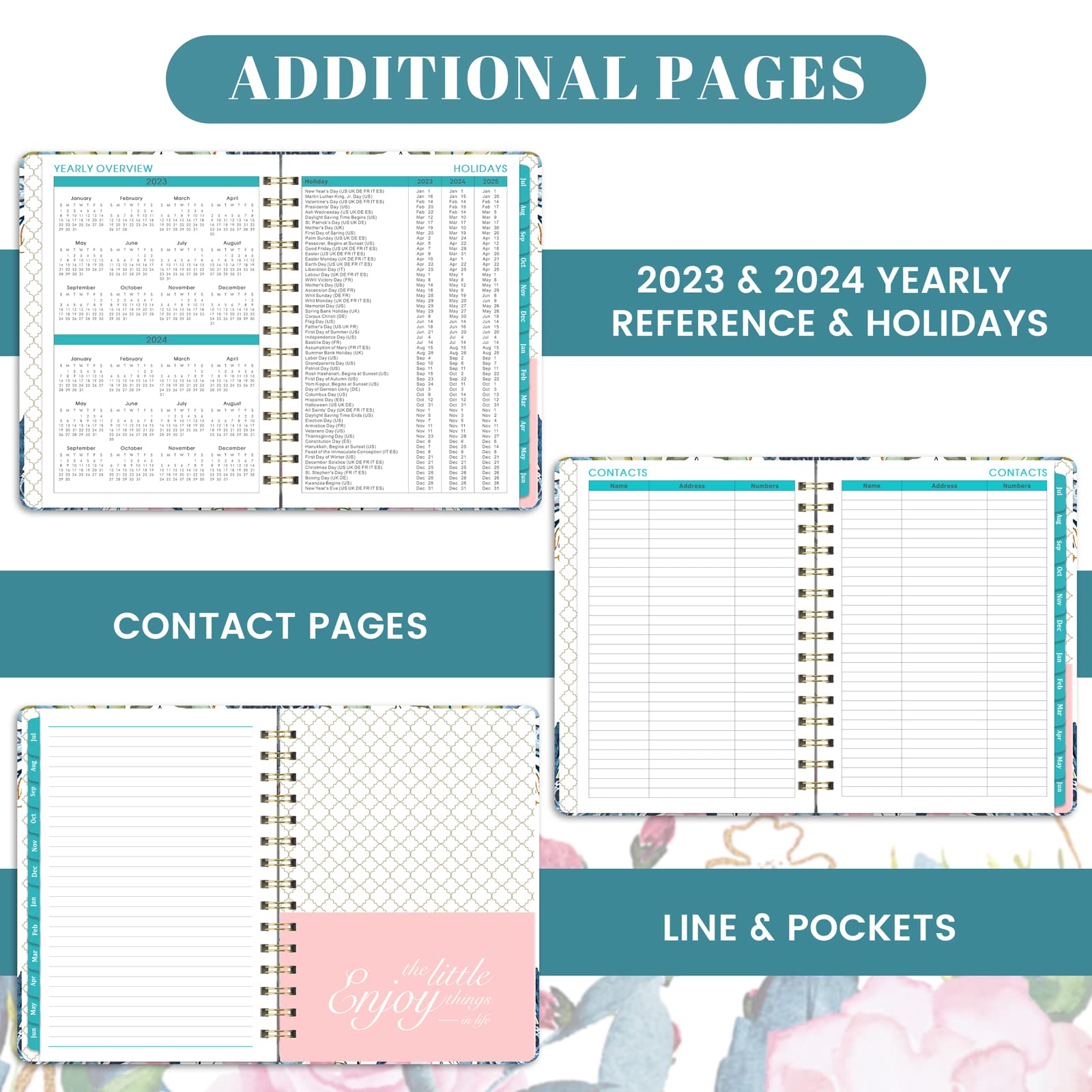 2023 Planner - Planner/Calendar 2023, Jan.2023 - Dec.2023, 2023 Planner Weekly & Monthly with Tabs, 6.4" x 8.5", Hardcover + Back Pocket + Twin-Wire Binding, Daily Organizer - Flower