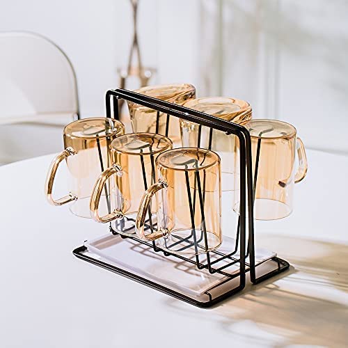 YISMAN Metal Cup Drying Rack with 6 Hooks, Bottle Drying Rack with Drain Tray,Coffee Mug Holder,Mug Organizer Black