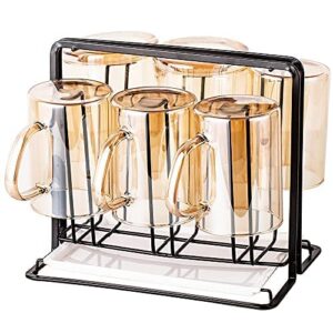 YISMAN Metal Cup Drying Rack with 6 Hooks, Bottle Drying Rack with Drain Tray,Coffee Mug Holder,Mug Organizer Black