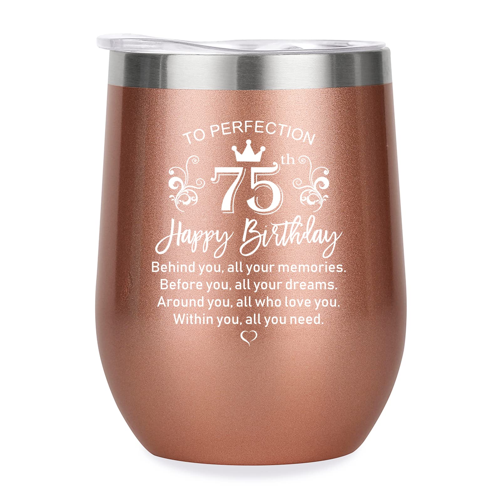 LAMCEPLU 75th Birthday Gifts for Women, Happy 75th Birthday Decorations for Women, Funny 75 Year Old Birthday Gift for Her, Mom, Grandma, Aunt, Friend- 12oz Stainless Steel Insulated Wine Tumbler