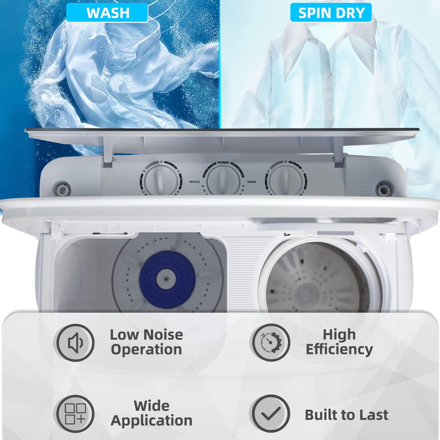 Bonusall Portable Washing Machine Compact, Small Clothes Washing Machine, 14.5 lbs Mini Washer and Dryer Combo, Twin Tub Compact Washer Machine with Spin Dryer, Built-in Gravity Drain for Apartments, Dorms, Camping, RV (Blue)