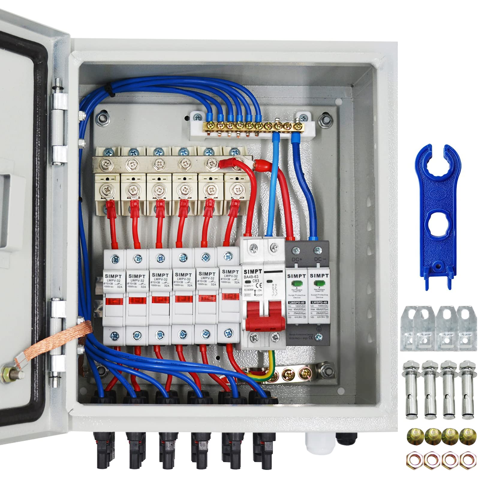 PV Combiner Box, 6 String Waterproof Solar Combiner Box with Circuit Breaker LED, 10A Rated Current Fuse with Lightning Arrester and 63A DC Breaker Solar Connector for On/Off Grid Solar Panel System