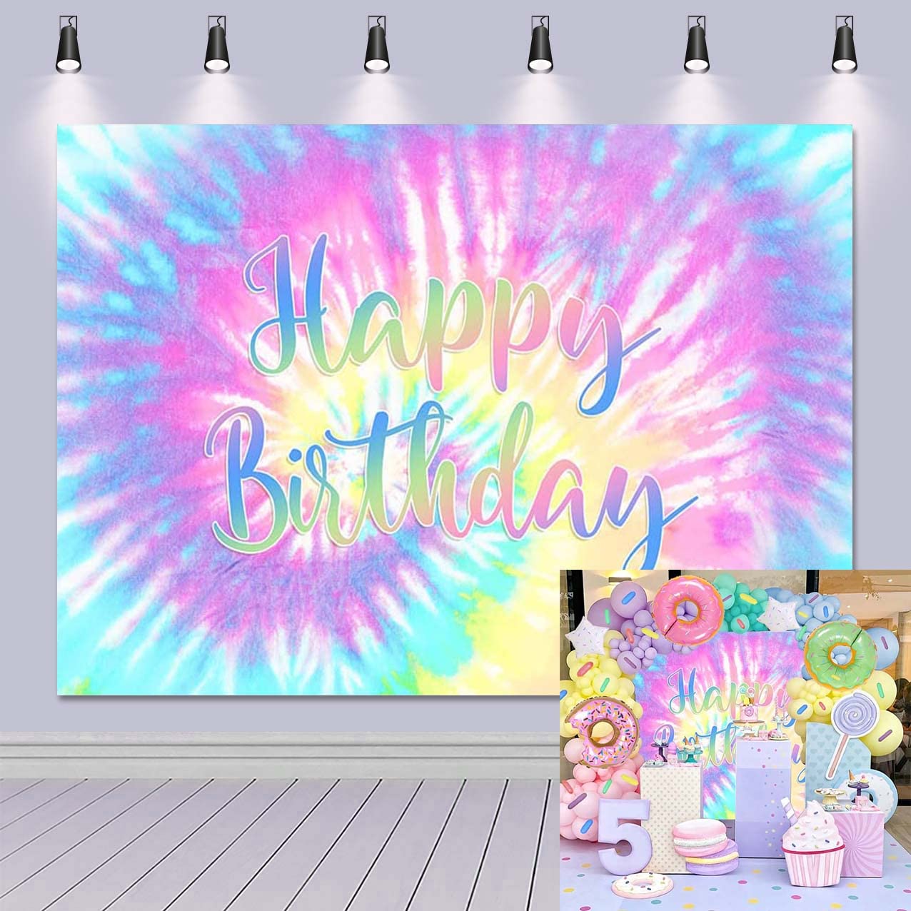 Rainbow Backdrop for Happy Birthday 7X5FT Macaron Pastel Colorful Birthday Photography Background Tie Dye Theme Party Supplies Children Women Girls Sweet 16th Birthday Cake Table Decoration Banner