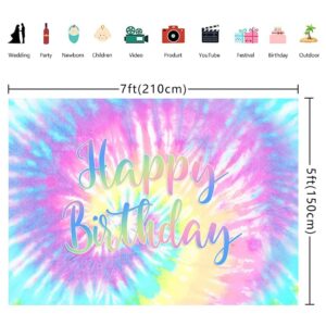 Rainbow Backdrop for Happy Birthday 7X5FT Macaron Pastel Colorful Birthday Photography Background Tie Dye Theme Party Supplies Children Women Girls Sweet 16th Birthday Cake Table Decoration Banner