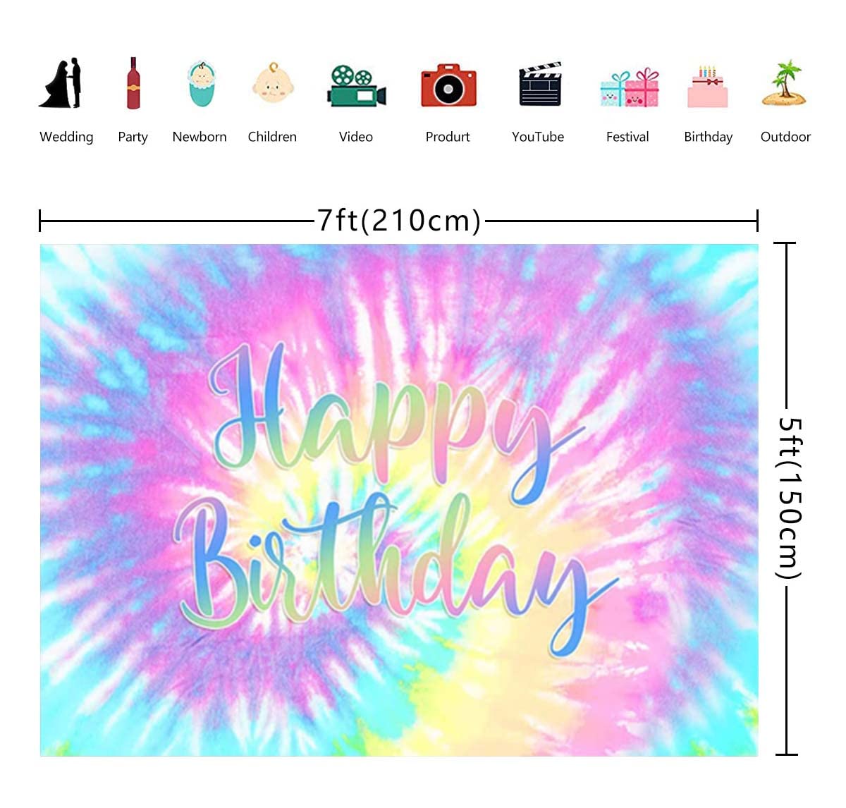 Rainbow Backdrop for Happy Birthday 7X5FT Macaron Pastel Colorful Birthday Photography Background Tie Dye Theme Party Supplies Children Women Girls Sweet 16th Birthday Cake Table Decoration Banner