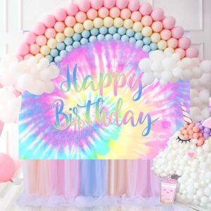 Rainbow Backdrop for Happy Birthday 7X5FT Macaron Pastel Colorful Birthday Photography Background Tie Dye Theme Party Supplies Children Women Girls Sweet 16th Birthday Cake Table Decoration Banner