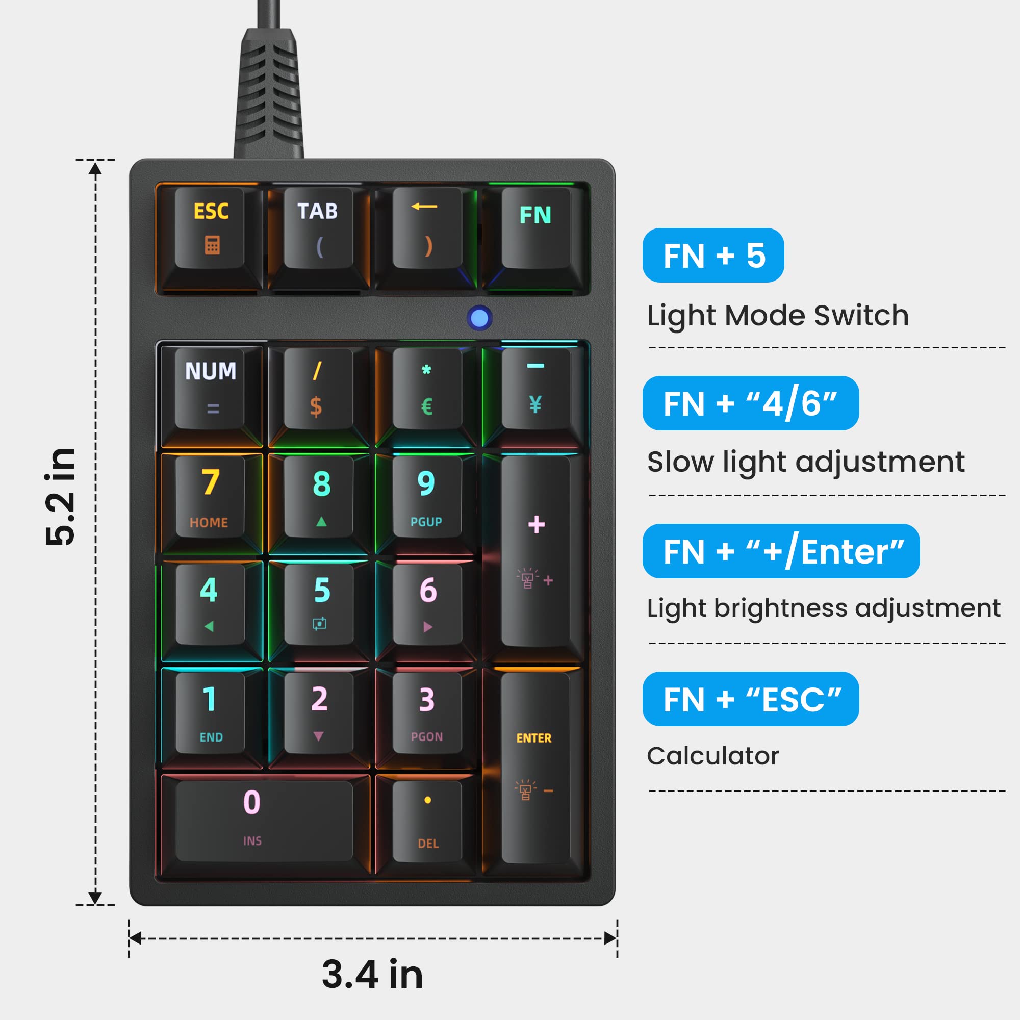 JPHTEK Number Pad, Mechanical USB Wired Numeric Keypad with RGB LED Backlit 21 Key Numpad,Mechanical Numeric Keypad for Laptop Desktop Computer PC Blue Switch