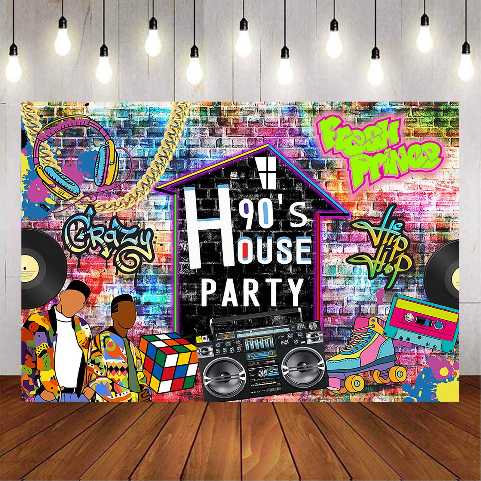 Aumeko 90's House Party Backdrop Hip Pop 90's Birthday Graffiti Wall Retro Radio Roller Skates Background Fresh Prince 90s Theme Backdrop 90s Party Decorations