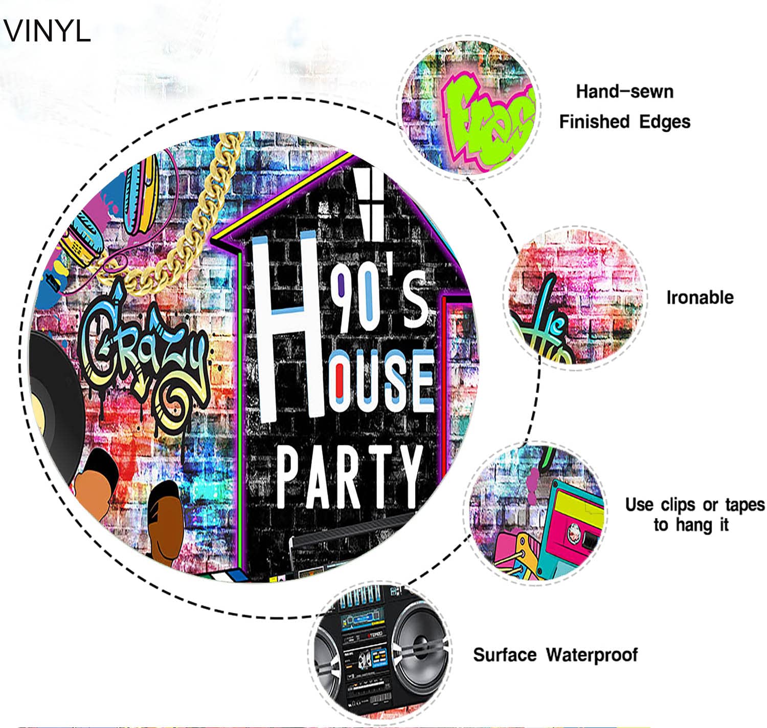 Aumeko 90's House Party Backdrop Hip Pop 90's Birthday Graffiti Wall Retro Radio Roller Skates Background Fresh Prince 90s Theme Backdrop 90s Party Decorations