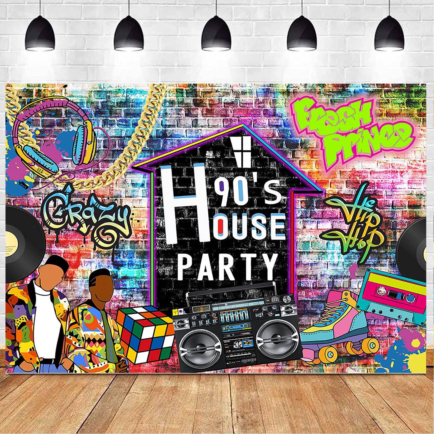 Aumeko 90's House Party Backdrop Hip Pop 90's Birthday Graffiti Wall Retro Radio Roller Skates Background Fresh Prince 90s Theme Backdrop 90s Party Decorations