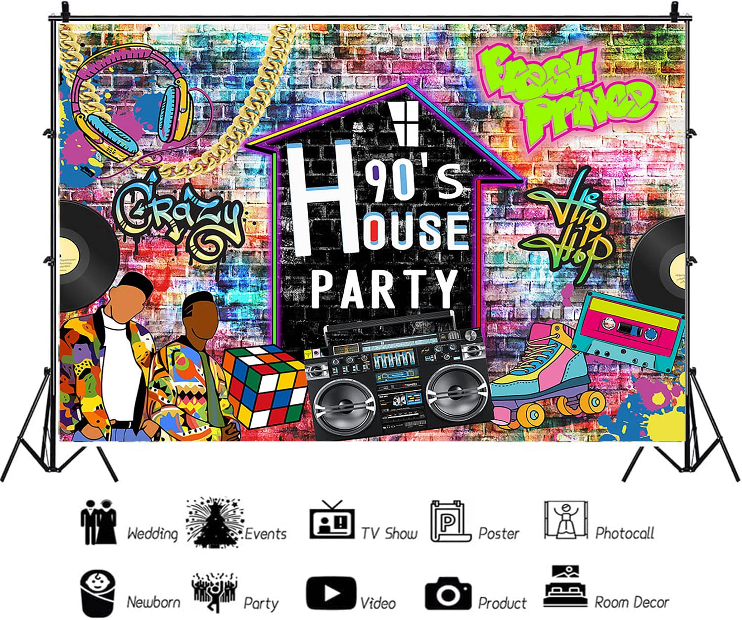 Aumeko 90's House Party Backdrop Hip Pop 90's Birthday Graffiti Wall Retro Radio Roller Skates Background Fresh Prince 90s Theme Backdrop 90s Party Decorations