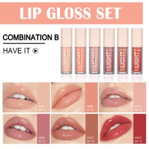 CAHIUYOA Light Lipgloss 6PCS Lip Gloss Set,Nude Pink Lip Gloss Kit Shine Glossy and Moisturizing,Lip Plumping Lip Gloss Pack Bulk Liquid Lipstick for Women Girls-Set B