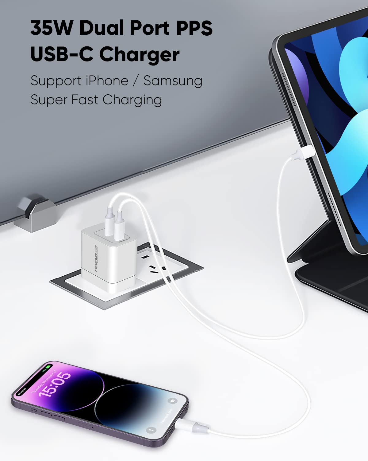 PowerLot USB C Charger, GaN III 35W Dual USB C Wall Charger, PPS Super Fast Charging Block with Foldable Plug for iPhone 15 14 13 12 11, Samsung S23 S22 S21, Pixel 7 6 Pro, MacBook Air, iPad, iWatch