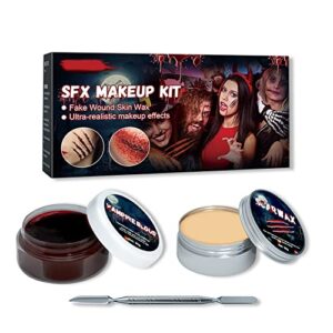 Halloween SFX Scar Wax Makeup Kit,Fake Blood Gel Fake Skin Scar Wound Special Effects Makeup Kit,Scar Wax+Blood Gel+Double-Ended Spatula