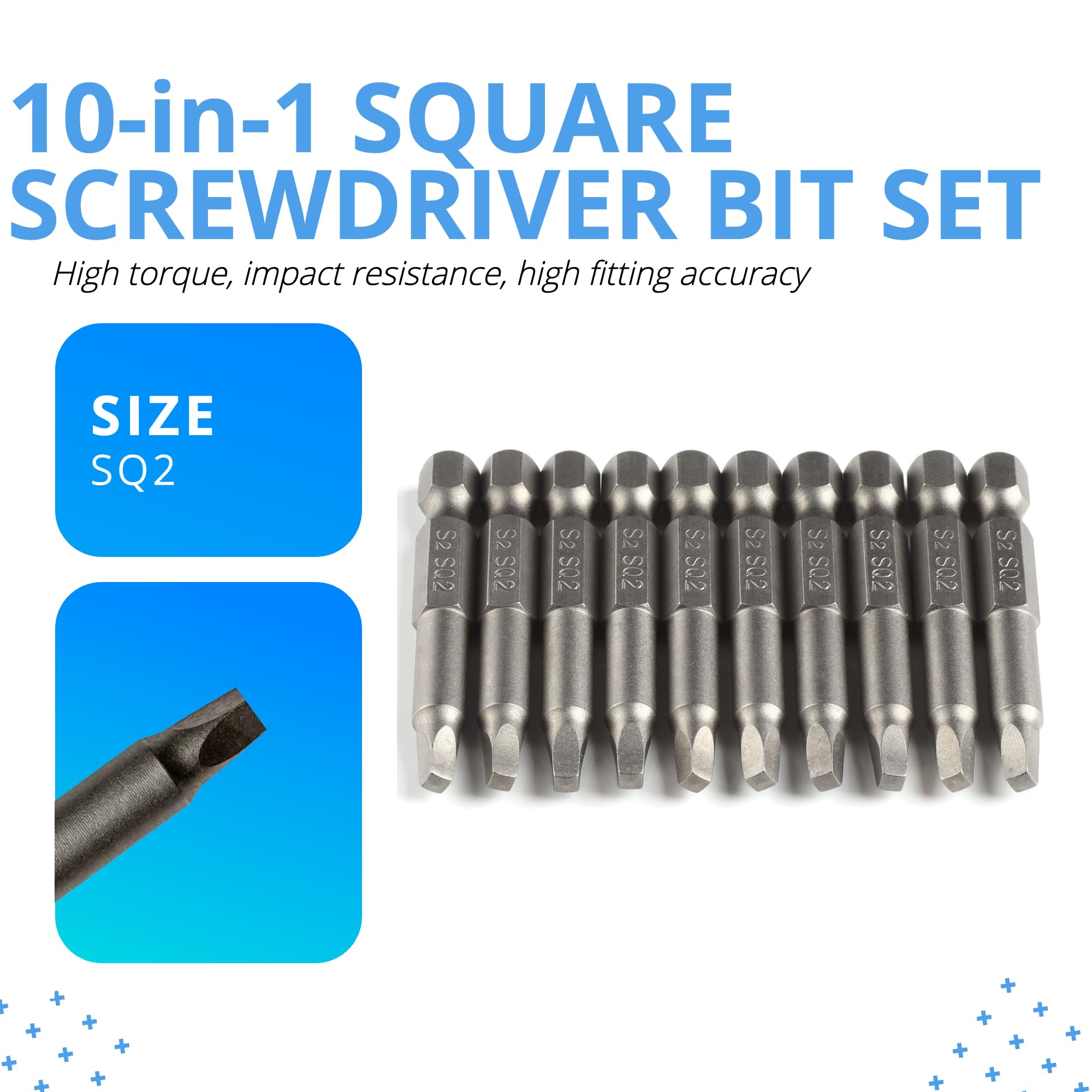 VESTTIO Square Head SQ2 Screwdriver Bit Set 10PCS 1/4 Inch Hex Shank 2 Inch/50 mm Length S2 Steel with Magnetic for Power Screwdriver Drill Impact Driver
