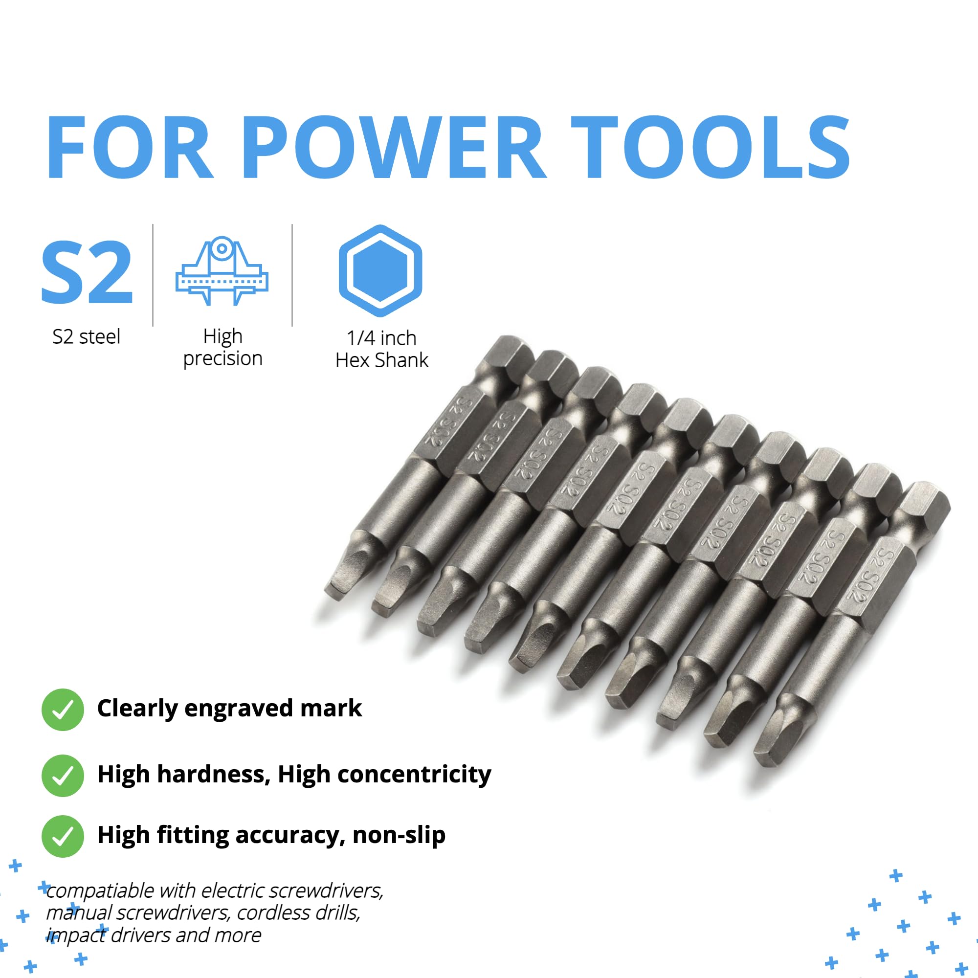 VESTTIO Square Head SQ2 Screwdriver Bit Set 10PCS 1/4 Inch Hex Shank 2 Inch/50 mm Length S2 Steel with Magnetic for Power Screwdriver Drill Impact Driver