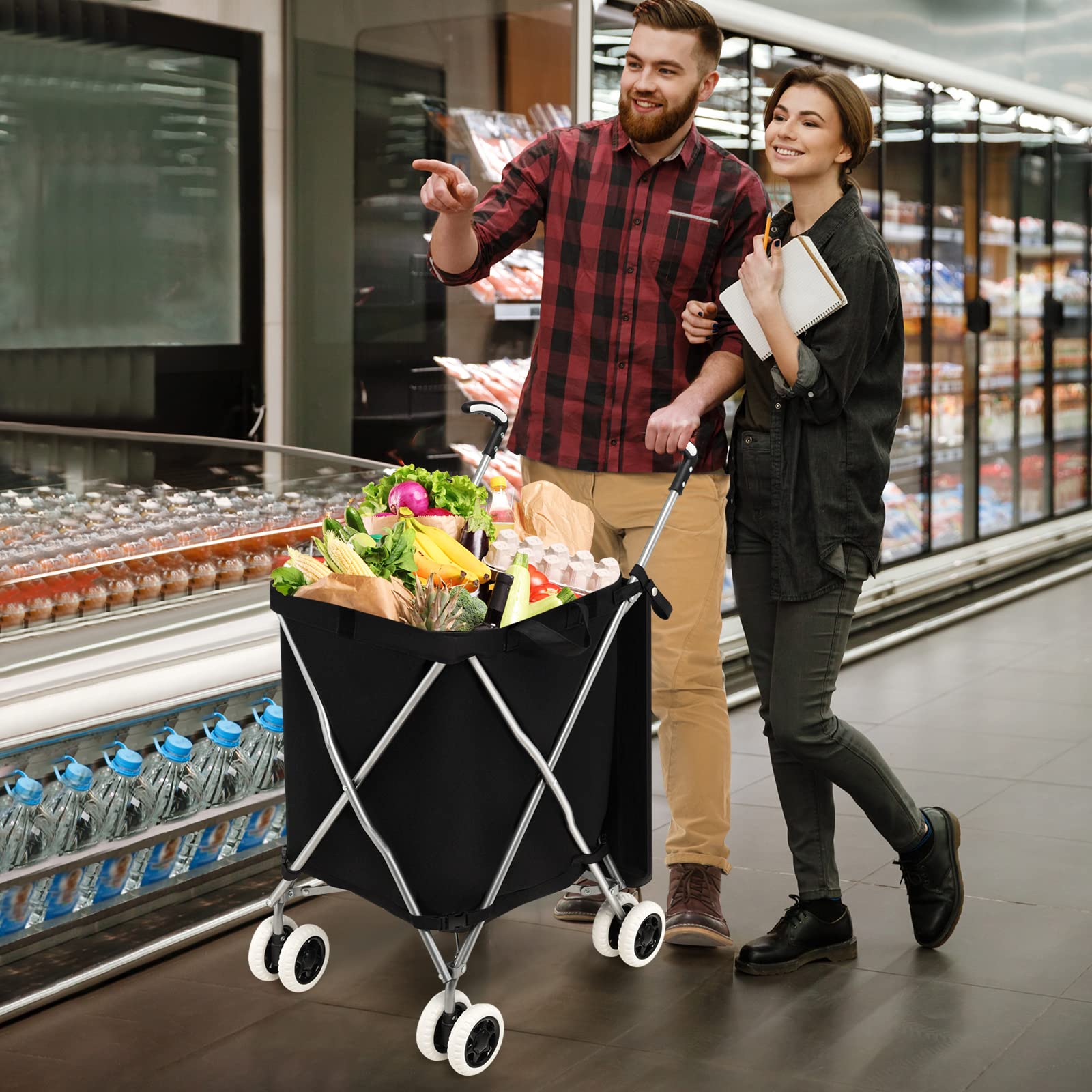 Goplus Folding Shopping Cart with Wheels, Grocery Cart with Removable Oxford Cloth Liner, Lightweight Utility Cart for Groceries Laundry Black