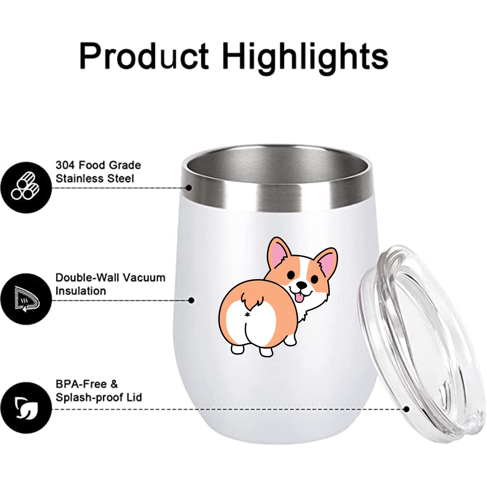 Yipaidel Corgi Butt Tribal 12 OZ Wine Tumbler with Lid Stemless Double Wall Vacuum Travel Mugs stainless steel Coffee Cup for Cold Hot Drinks Wine Coffee Cocktails Beer
