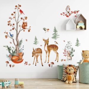 wondever woodland animals tree wall stickers forest deers fox squirrel peel and stick wall art decals for baby nursery kids bedroom